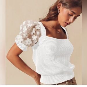 French Connection Juliet Mozart Caballo Floral Puff Sheer Sleeve Sweater White S